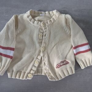 Cream Knit Cardigan Button Up with Red And White Stripes And Car Size 6-9 Months